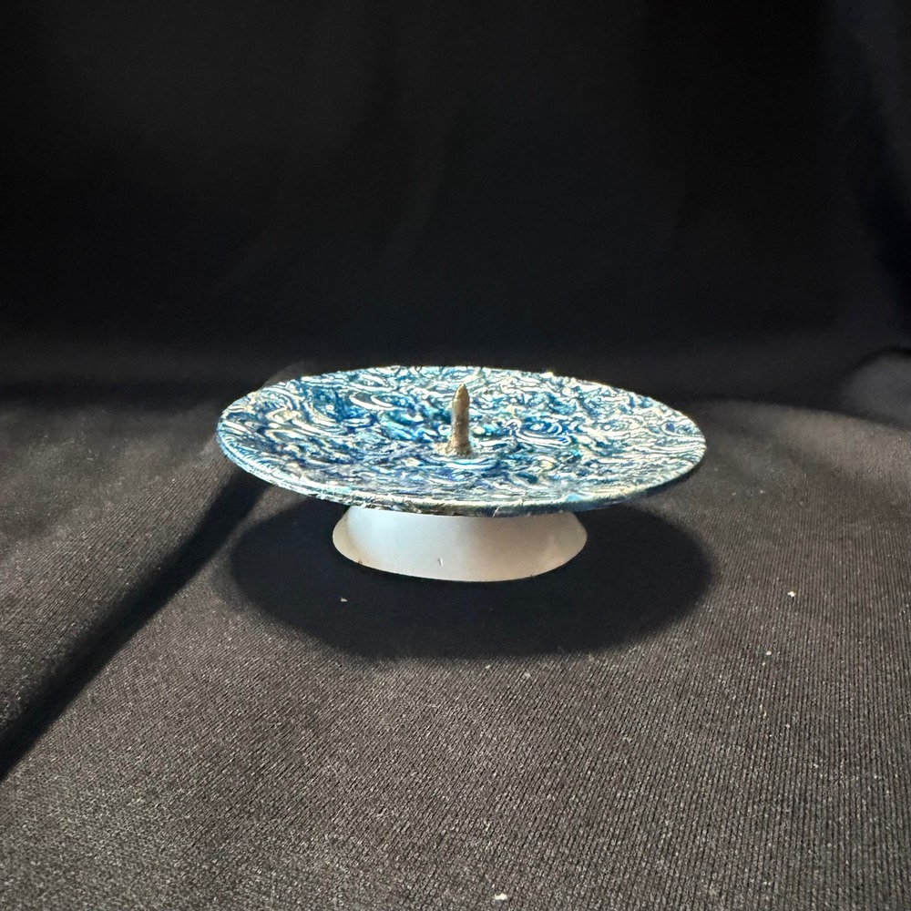 Vintage Made in Germany Blue Textured Metal Pedestal Candleholder